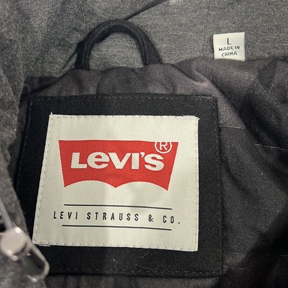 Levi’s Wool Double Zip Hooded Coat Black Gray Quilted W/Pockets Cinch Hood Large - Picture 12 of 14